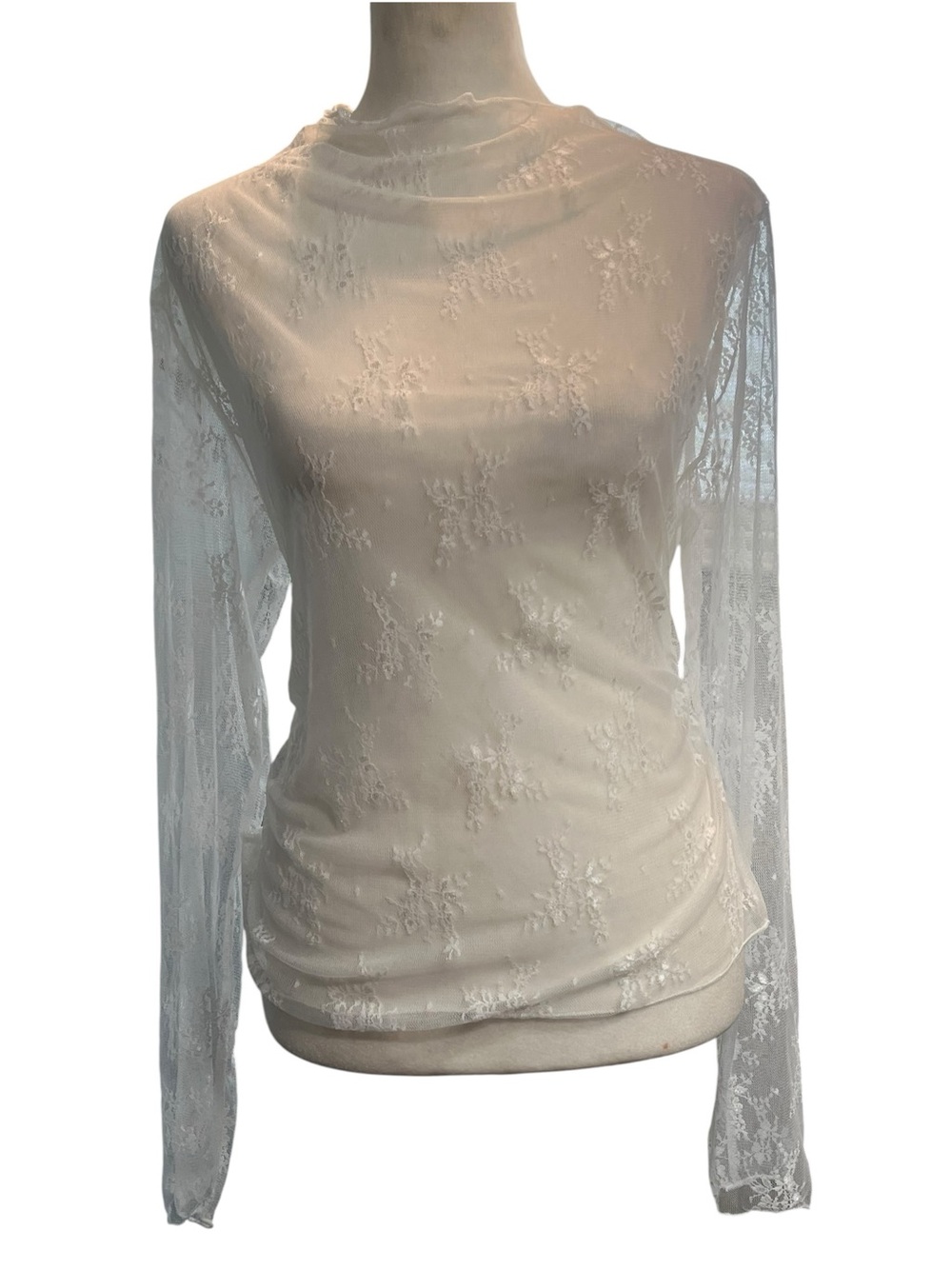 NWT White Long Sleeve Sheer Top w/Mock Neck and Floral Detail - XL